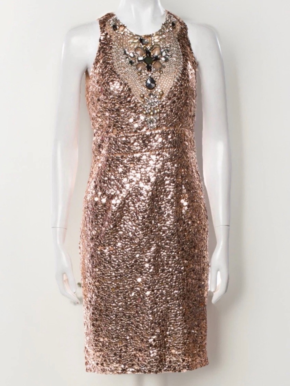 Naeem Kahn Gold Sequin Embellished Dress with Jewel Accents